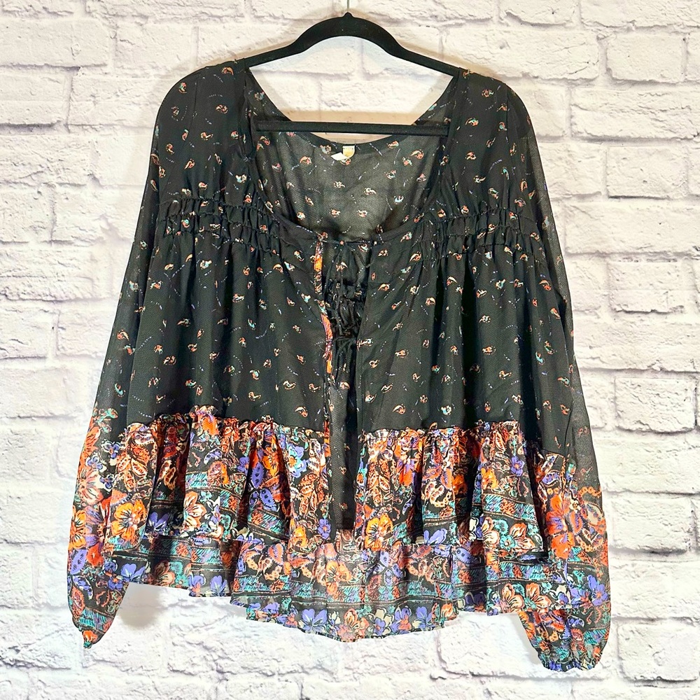 Free People Boho Floral Paisley Kimono Tie Flowy Top Size Large